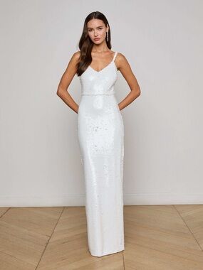 L”AGENCE White Sequin Karma Maxi Dress Evening Gown